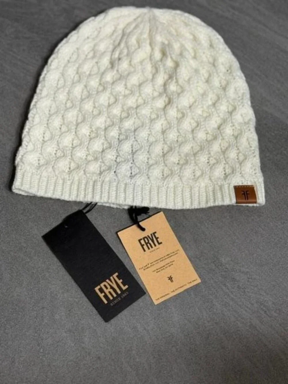 FRYE Women's White Cable Knit Beanie Hat | NWT's | Cozy Winter Classic